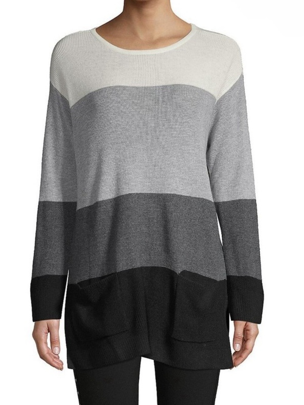 Vince Camuto Black, Gray and White Striped Scoop Neck Sweater
